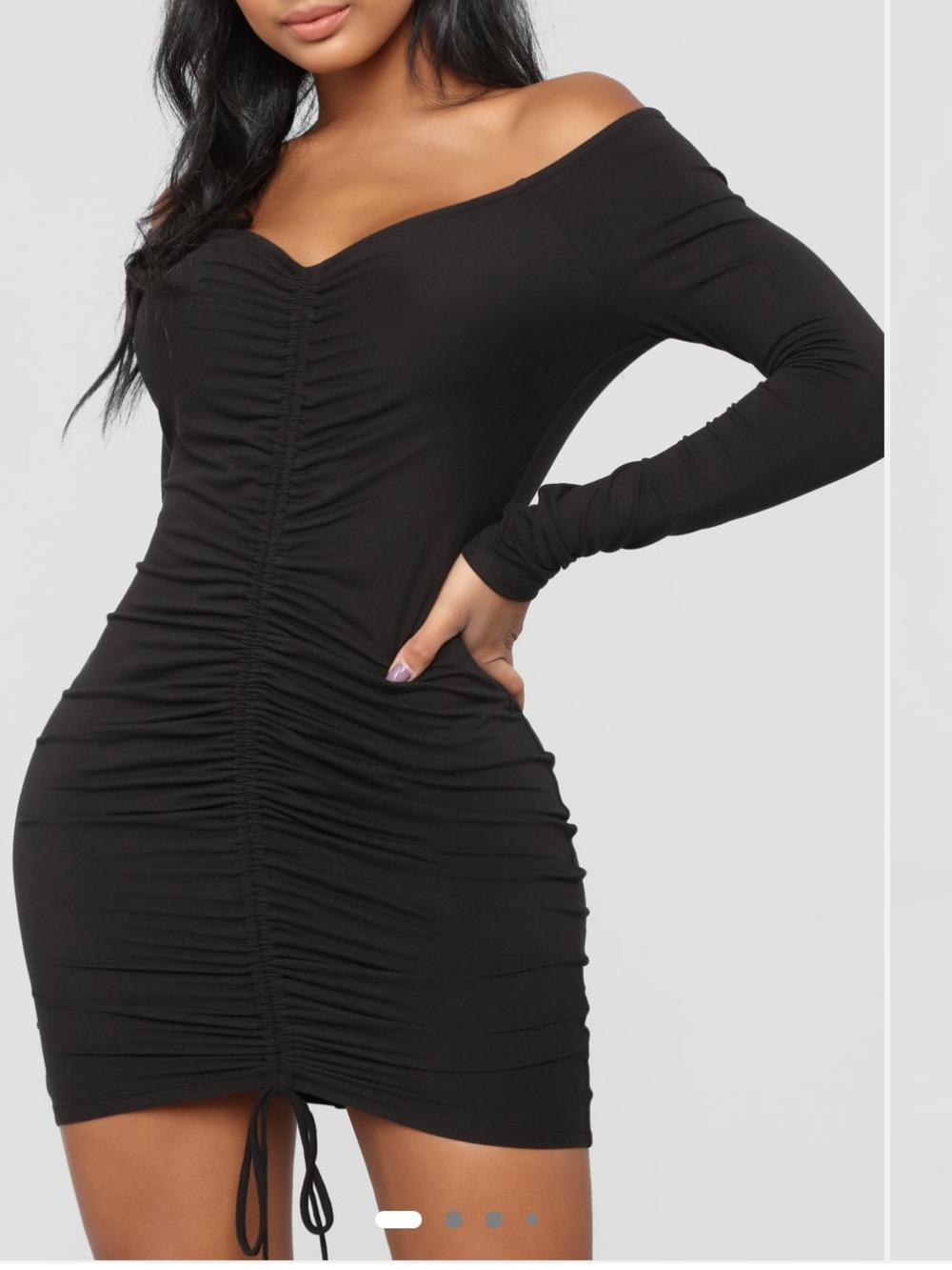 Fashion Nova Black Ruched Off-Shoulder Mini Dress